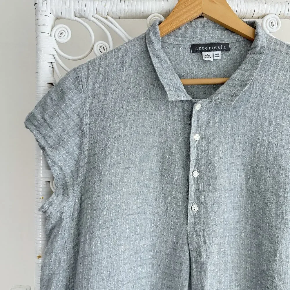 Artemesia Linen Collar Dress Large Gray Textured Crinkle Popover Pockets Midi - Picture 2 of 6